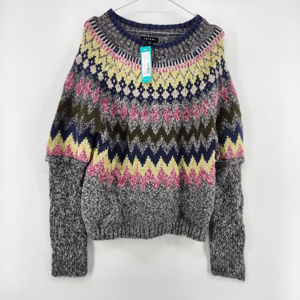 Tribal Medium Grey Mix Ground Intarsia Ribbed Sweater NWT